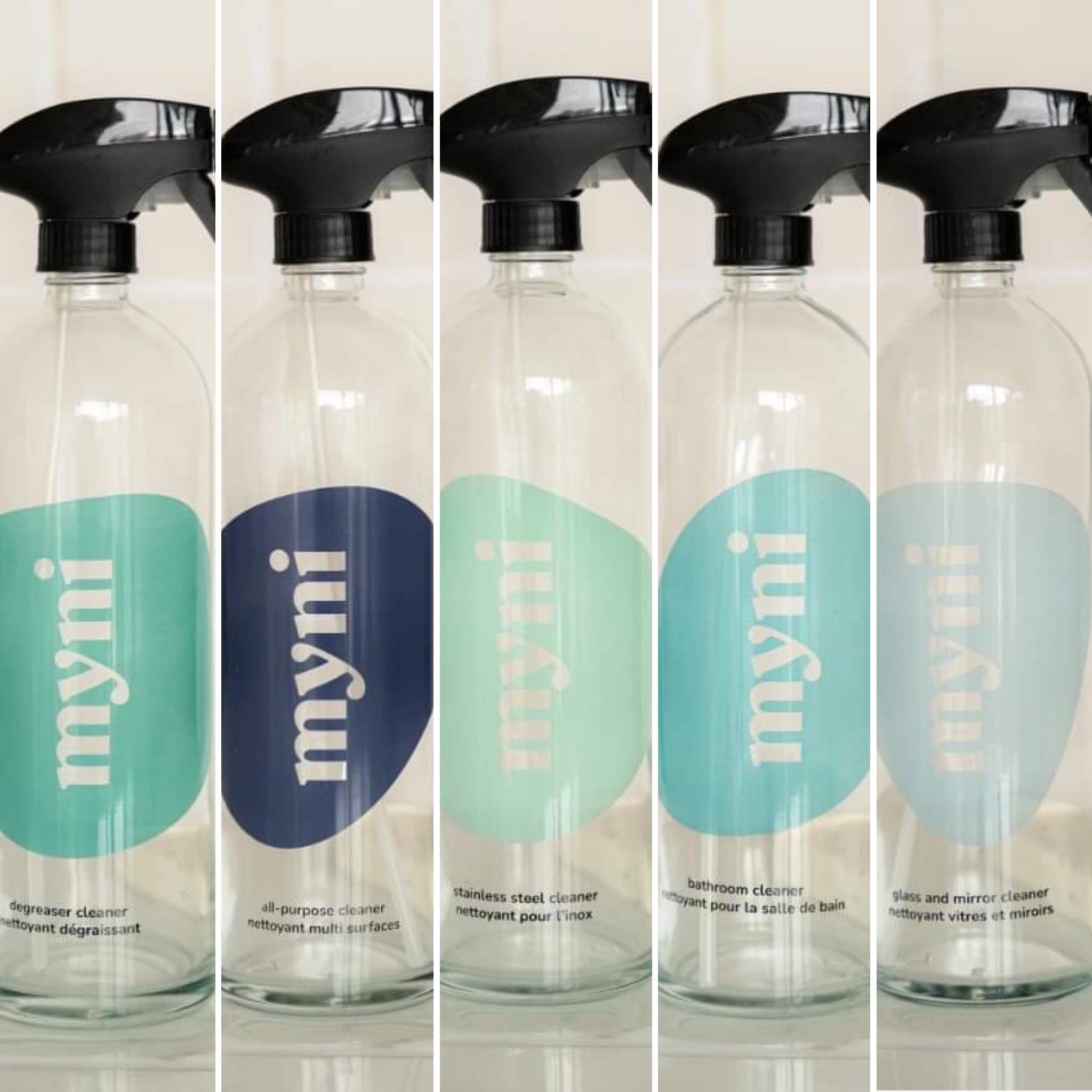myni glass spray bottles for their line of canadian made degreaser, all purpose, stainless steel, glass and mirror, bathroom cleaner tablets