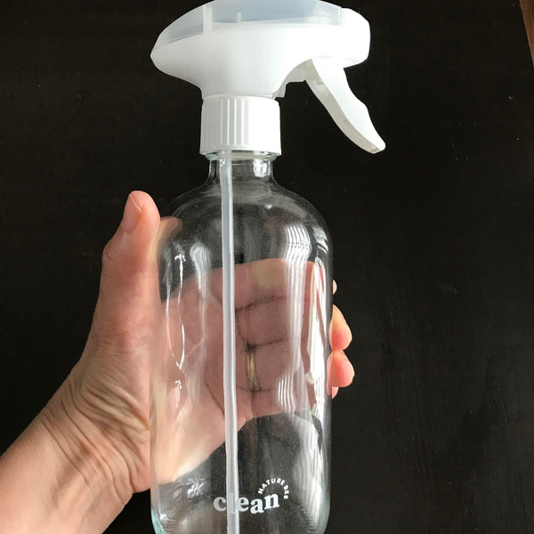nature bee clean empty clear glass multi-use bottle with white spray top to go with multi-purpose cleaning tablets sold separately