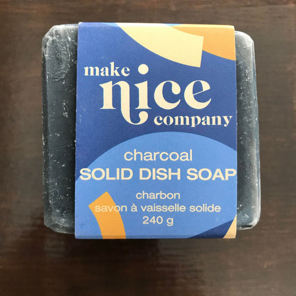 Activated charcoal solid dish soap cube 240 g made in Canada by the Make Nice Company