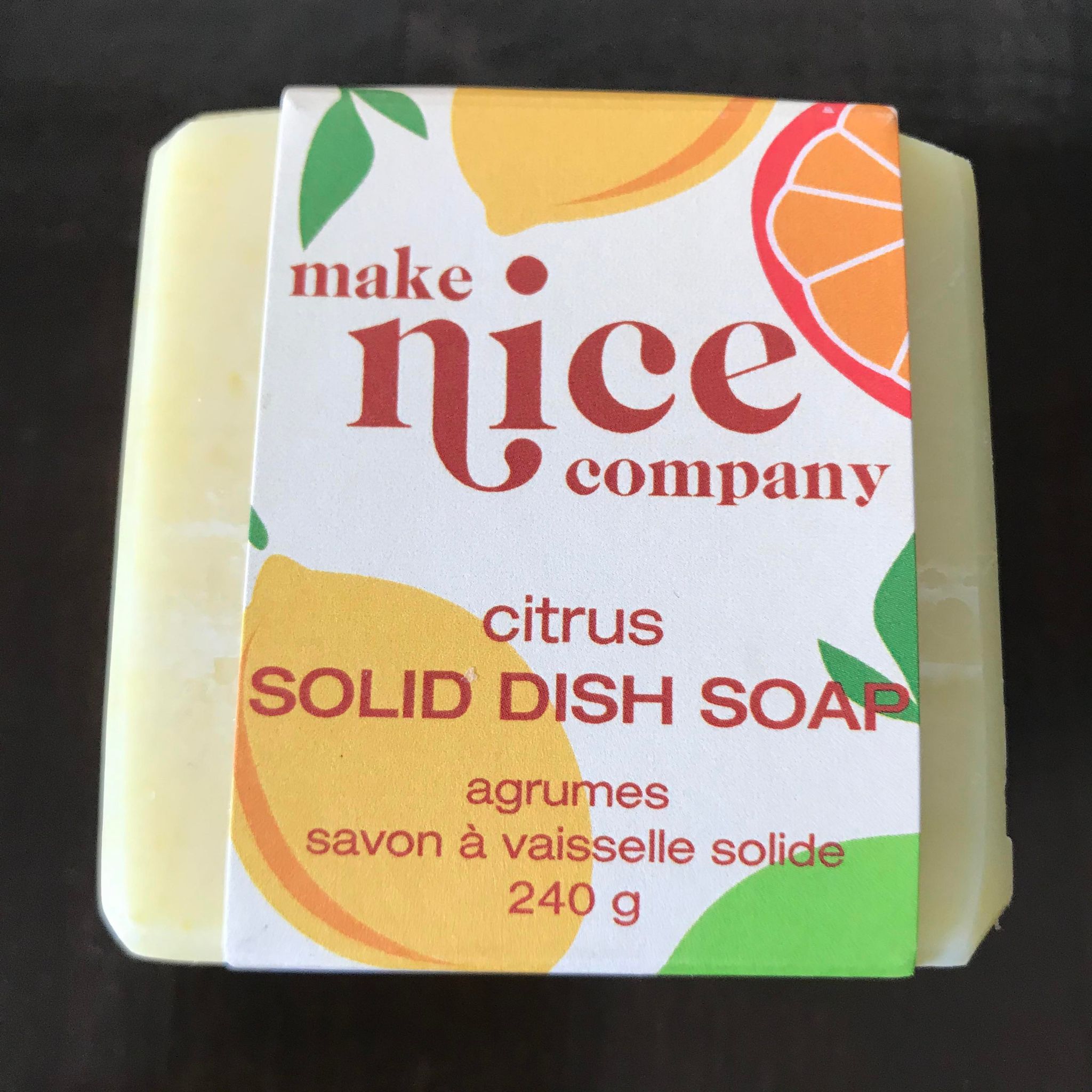 Citrus solid dish soap cube 240 g made in Canada by Make Nice Company
