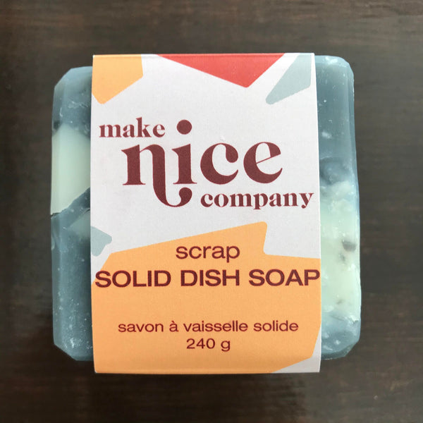Scrap solid dish soap cube 240 g made in Canada by the Make Nice Company