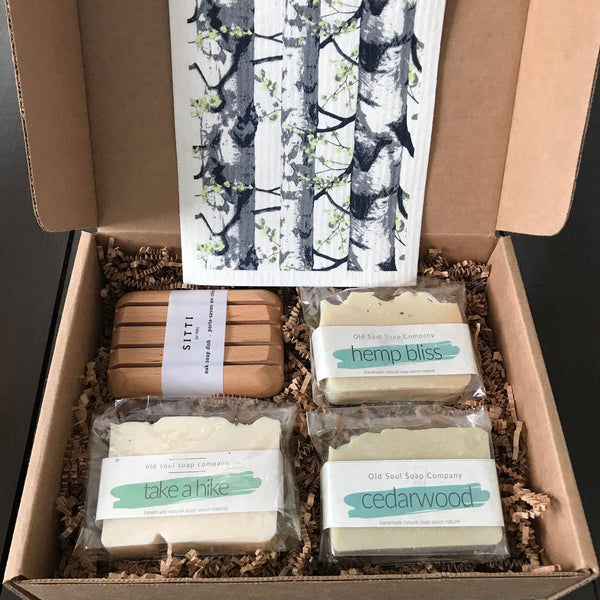 sustainable gift box featuring canadian made vegan soap, wood soap dish and birch tree Swedish cloth