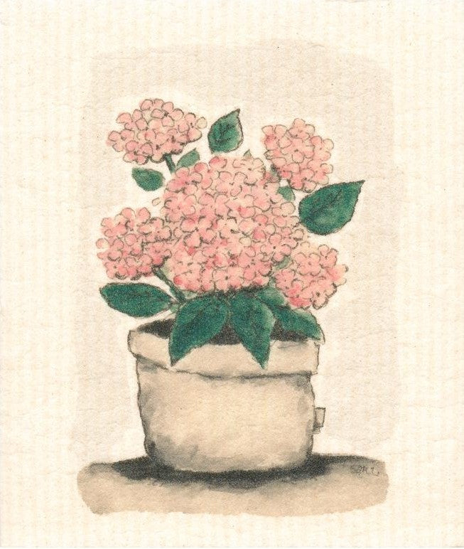 cellulose/cotton composatable more joy swedish sponge cloth with a pot of pink hydrangea on a white background 6.7" x 7.9"