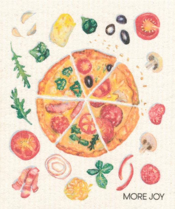 more joy swedish sponge dish cloth available in canada with a round pizza cut in six slices surrounded by ingredients on a white background