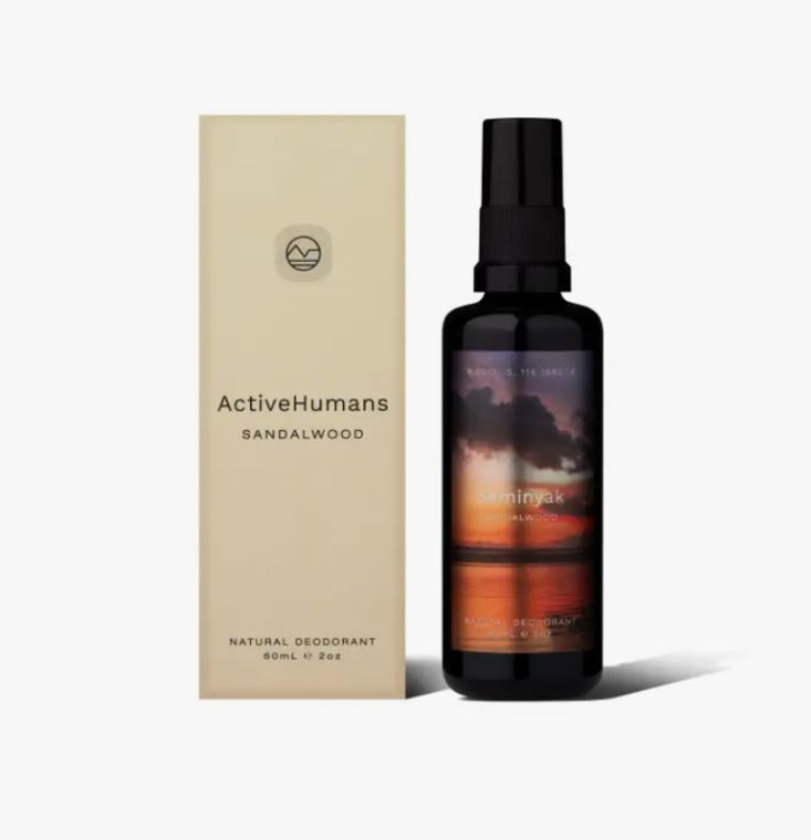 sandalwood scented vegan spray deodorant in refillable 60 ml glass bottle made in Canada by Active Humans