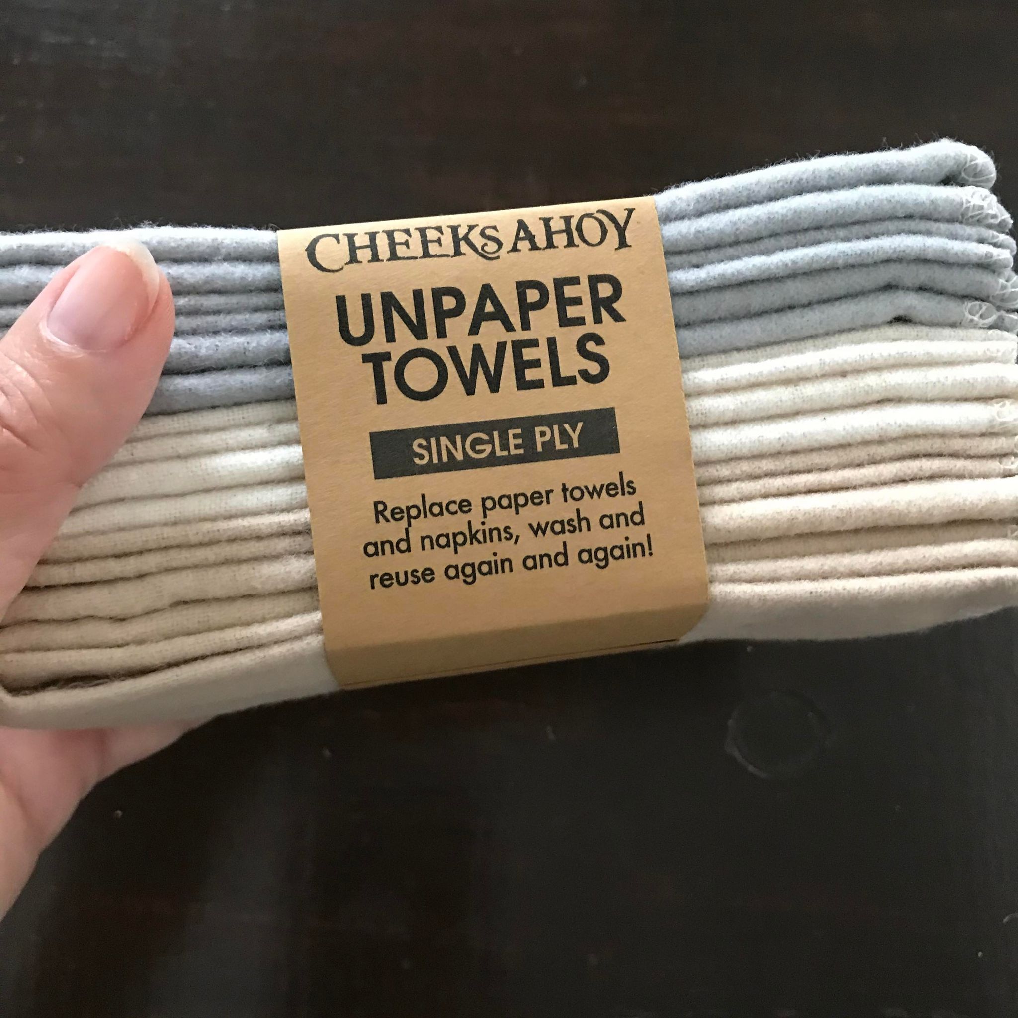 Set of 8 single ply cotton Unpaper Towels in suave light neutral shades handmade in Canada by Cheeks Ahoy replace paper towels and napkins, wash and reuse again and again