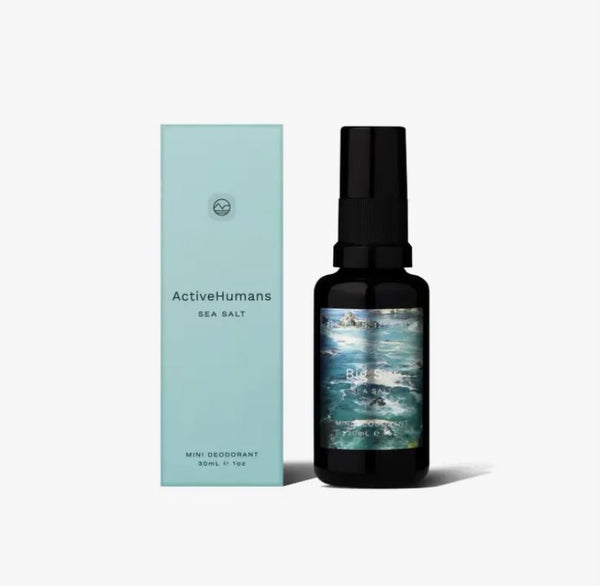 Sea Salt mini vegan spray deodorant in refillable 30 ml glass bottle made in Canada by Active Humans