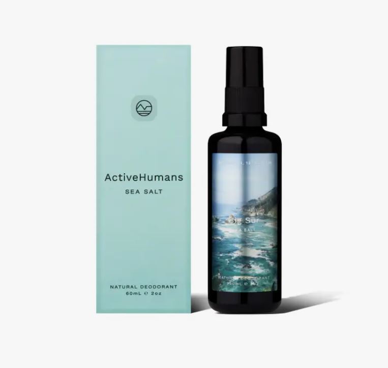 Sea salt vegan spray deodorant in refillable 60 ml glass bottle made in Canada by Active Humans