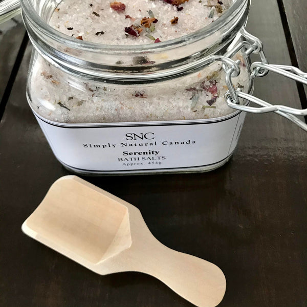 natural floral serenity bath salts in a glass jar with dried flowers made in canada by simply natural canada