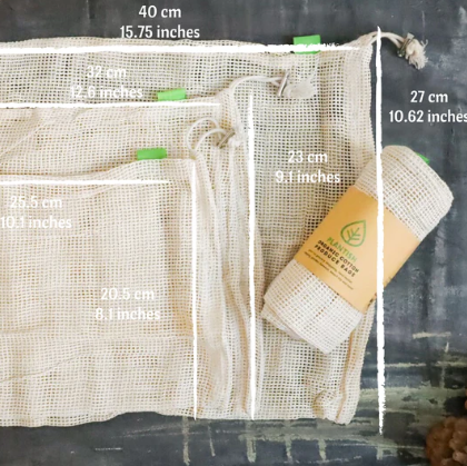 Measurements for the set of three organic cotton produce bags in small, medium and large