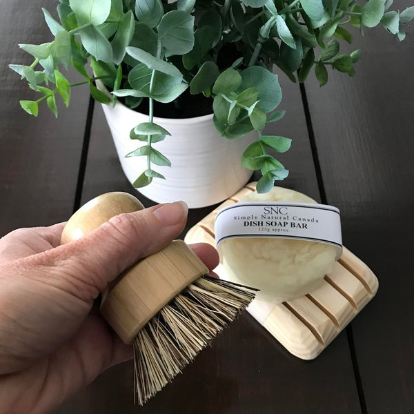 This sisal palm pot scrubber made by the Canadian brand Plantish pairs well with our best selling citrus dish soap bar and tray set
