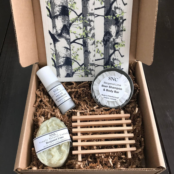 Canadian made simply natural canada handcrafted bergmot lime essential oil vegan beer soap shampoo bar and natural deodorant gift set with a birch tree themed Swedish cloth