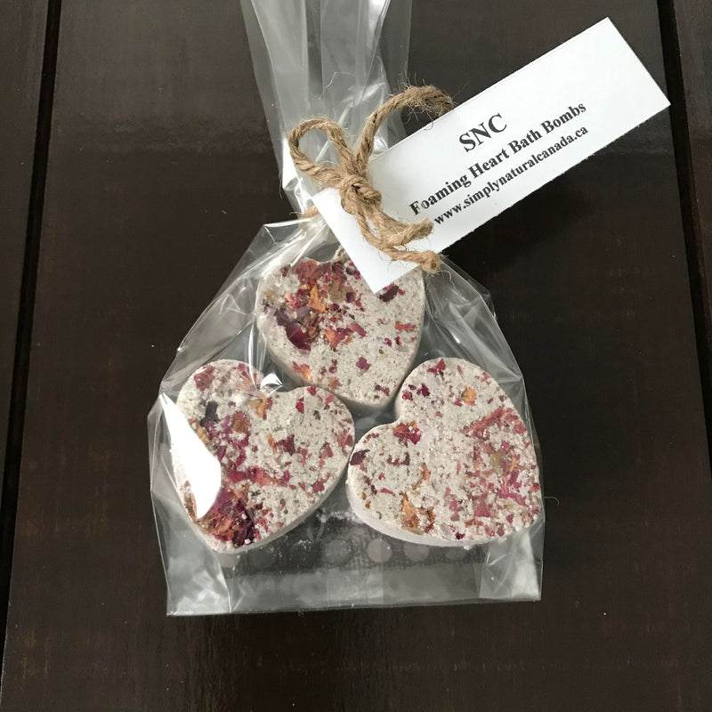 set of three rose scented foaming heart shaped bath bombs in a compostable bag made in canada by simply natural canada