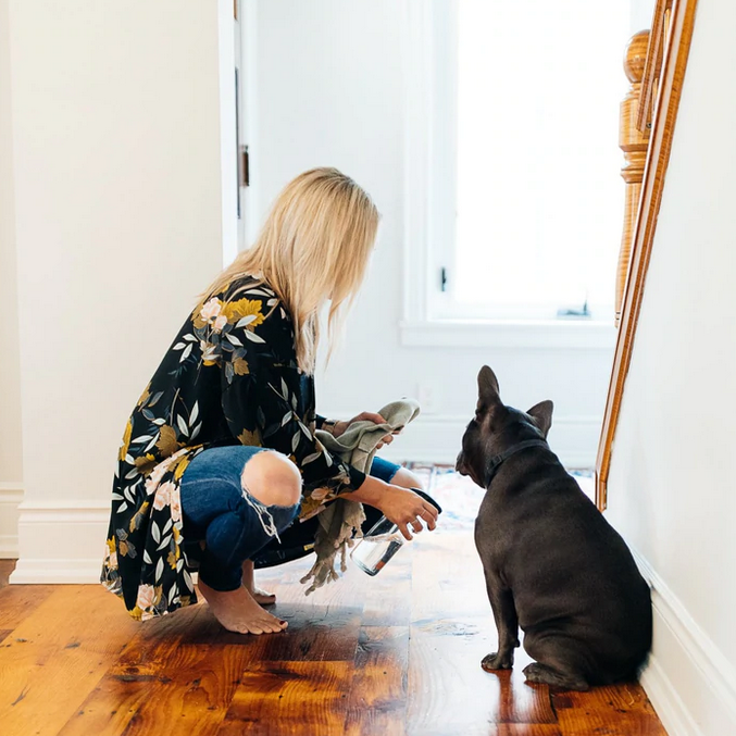 Canadian made lemon tea tree essential oil scented natural all purpose cleaner in a 476 ml refillable glass spray bottle made by The Bare Home company is being used by a woman crouching down to clean up a wood floor while a dog sits beside her Canada by The Bare Home company based in Ontario
