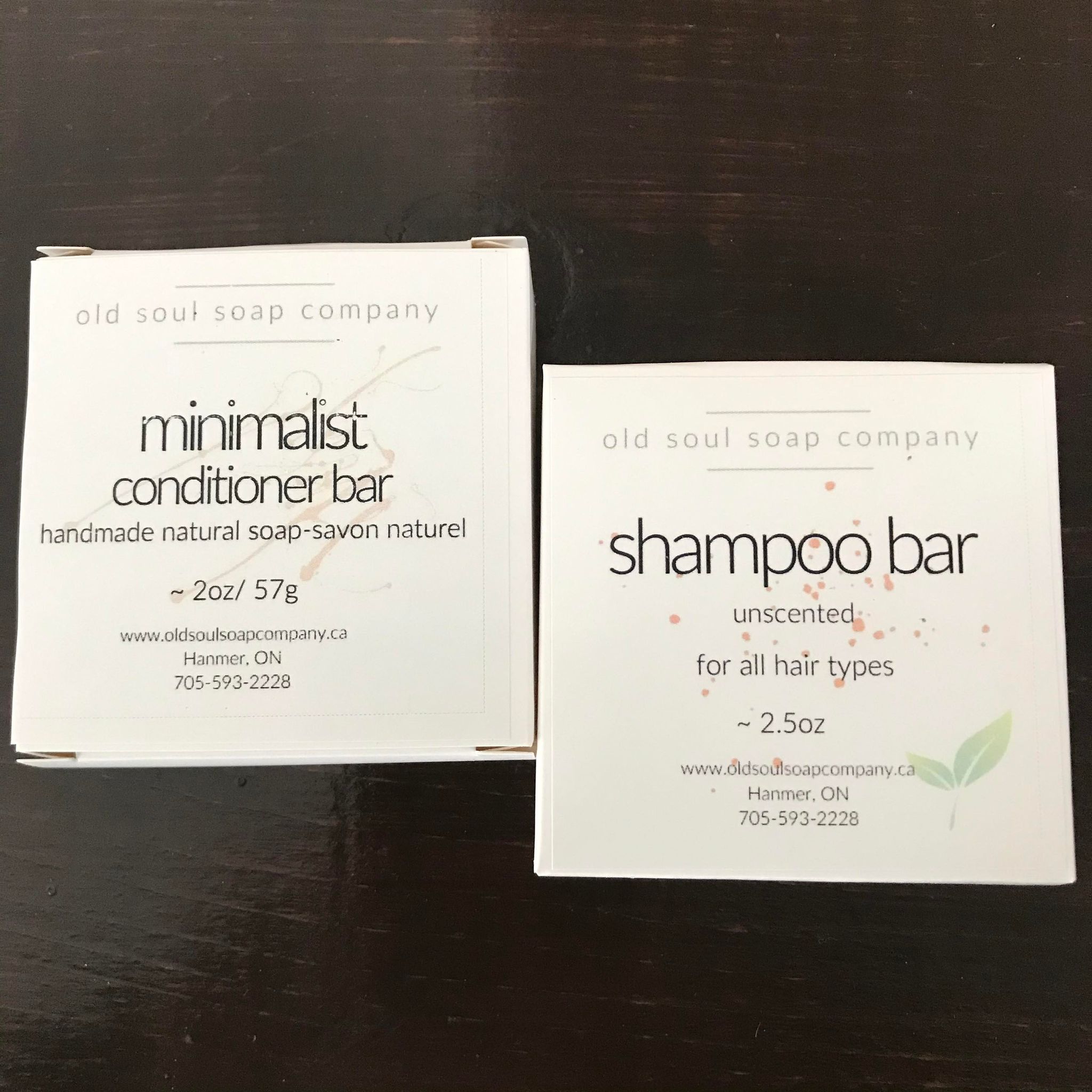 Unscented shampoo bar and minimalist conditioner bar set in individual boxes made in Canada by the Old Soul Soap Company