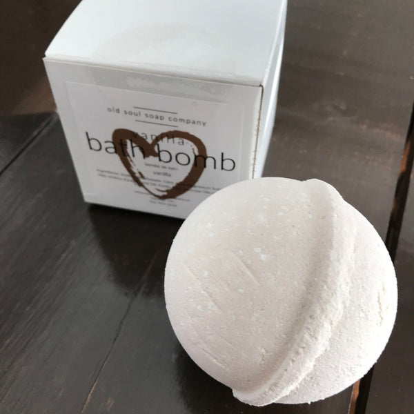 natural vanilla bath bomb made in Canada by the old soul soap company