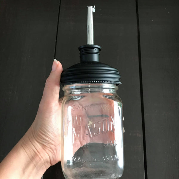 glass vintage mason jar with pour spout for dispensing liquid soaps, oils, syrups and more