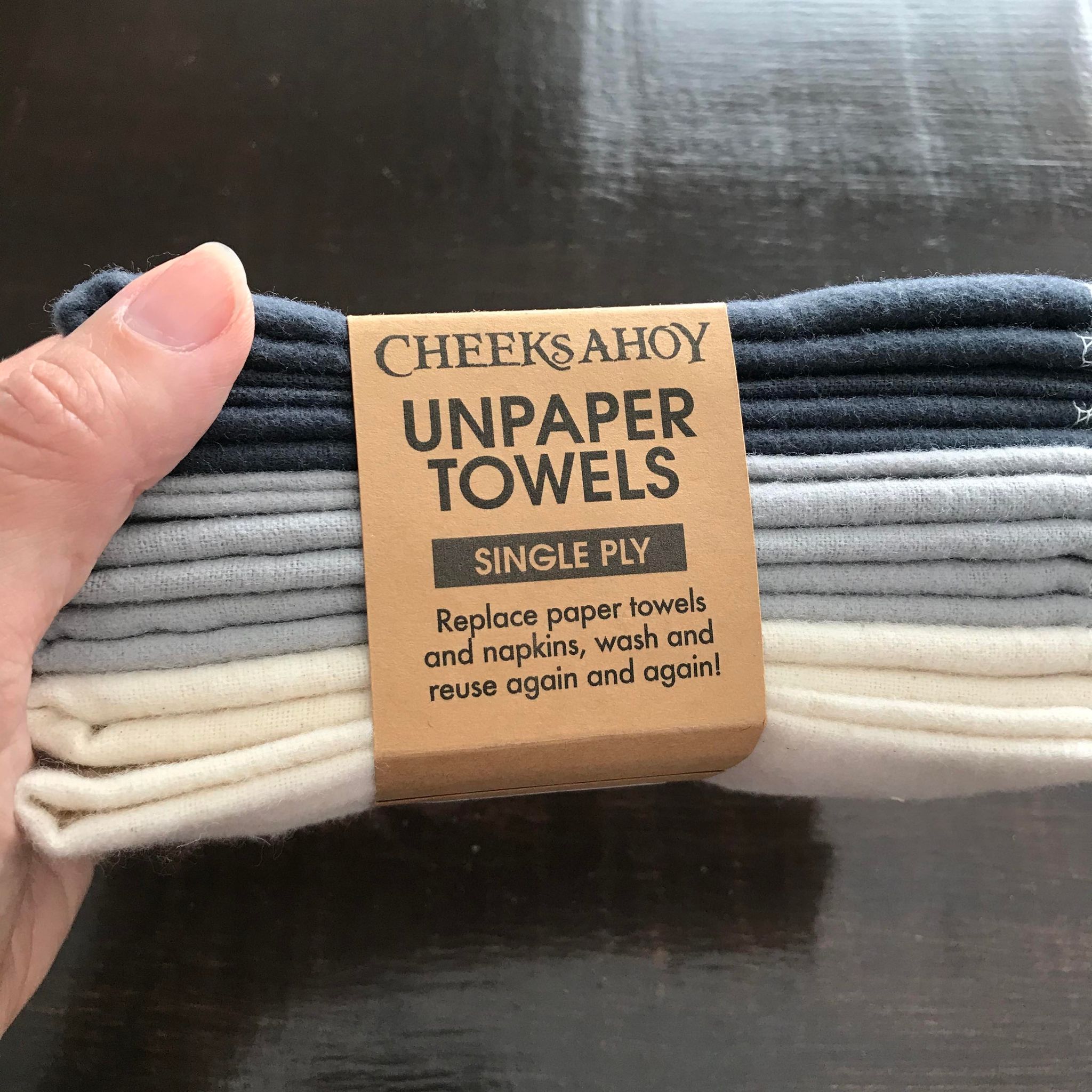Set of 8 single ply cotton Unpaper Towels in warm neutral charcoal shades handmade in Canada by Cheeks Ahoy replace paper towels and napkins, wash and reuse again and again