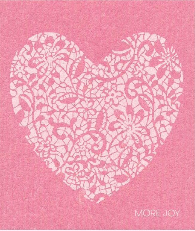 more joy swedish dish cloth 20 x17 cm with white and pink heart on pink background