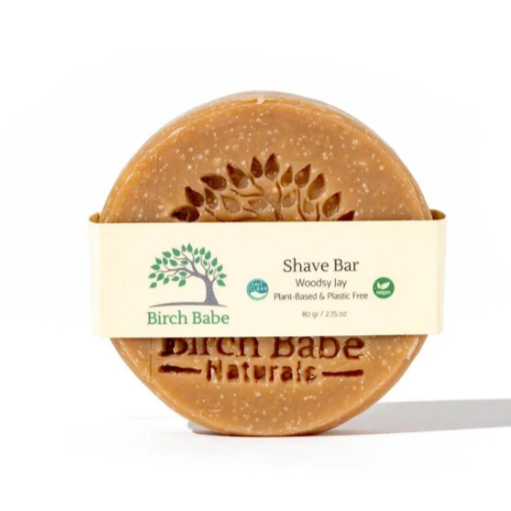 Plant-based round 'Woodsy Jay' essential oil Shave Bar made in Canada by Birch Babe