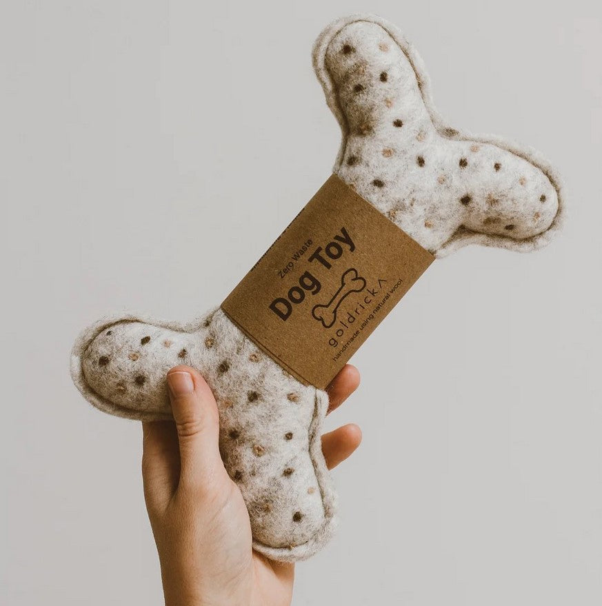 Felted wool dog bone toy ethically made in nepal